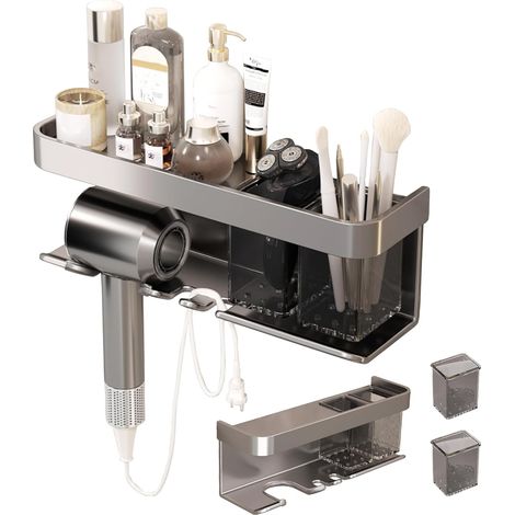 Support de sèche-cheveux mural sans perçage en aluminium autocollant avec espace de rangement amovible facile à nettoyer - Accessoires de salle de bain adaptés à la plupart des sèche-cheveux (1/5)