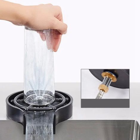 Rince-verres haute pression pour évier, robinet automatique en acier inoxydable, lave-tasses pour la maison, les cafés et les bars (lave-tasses noir uniquement). (1/5)
