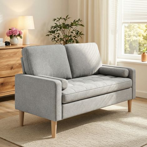 Bealife Divano 2 Posti con 2 Cuscini per lo Schienale 2 Cuscini per il Bracciolo Struttura in Legno Metallo Tessuto in Cotone e Lino 121 x 76 x 87 cm Grigio Chiaro (1/5)