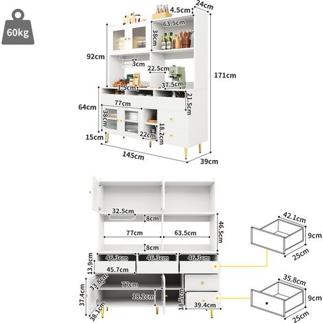 Buffet de salle à manger moderne et minimaliste (145 x 39 x 171 cm), armoire avec portes vitrées chambray, étagères pour verres à vin et rangement multi-niveaux, finition blanc élégant avec accents do (1/5)