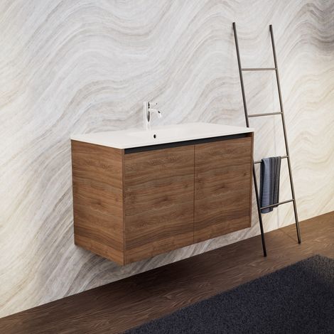 Inda - Badezimmerschrank B.100 mit mattiertem Waschbecken / Braune Eiche 2 Türen - Saphir (1/5)