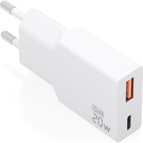 AISENS Cargador Ultra Delgado GAN 20 W, 1 x USB-C PD3.0 QC4.0, 1 x USB-A QC3.0, Blanco