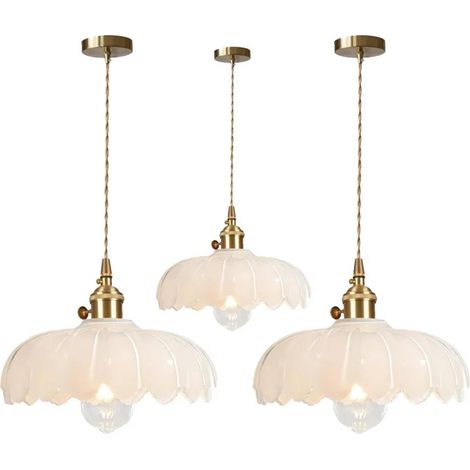 Lot de 3 Lampe Suspension Intérieur Moderne,25cm Lustre Vintage en Verre Abat-jour Design Fleur Blanc avec Interrupteur (1/5)