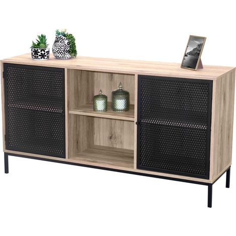 Buffet 2 puertas con rejilla de metal negro – Color roble claro, dimensiones 100x40xH75 cm – Colección METALIX (1/2)