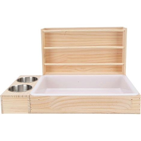 Mangeoire à foin en bois avec bac à litière et 2 gamelles. Râtelier à foin et à herbe pour cochon d'Inde. (1/5)