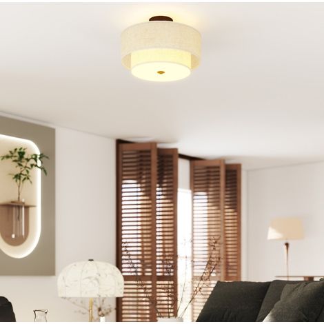 MODFU – Plafoniera Ø40xH26 cm in metallo e acrilico con doppio paralume effetto lino, 3 attacchi E14 e lampadine non incluse – Crema e nero (1/5)