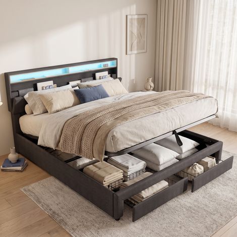 Lit coffre double 160x200 cm avec 2 tiroirs, lit adulte avec LED et tête de lit de rangement, tissu lin, Gris (1/5)