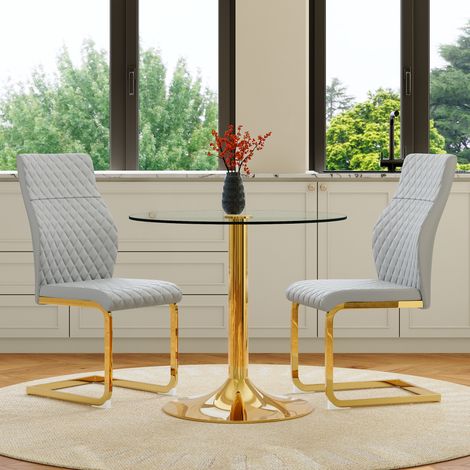 Ensemble table verre 85 cm pieds métal doré + 2 chaises salle à manger gris clair et or,style luxueux discret. (1/5)