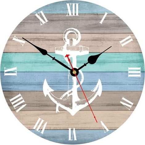 Wall Clock 30cm Decorative Nautical Style Anchor Roman Numerals Silent Batteries Easy to Read (1/4)