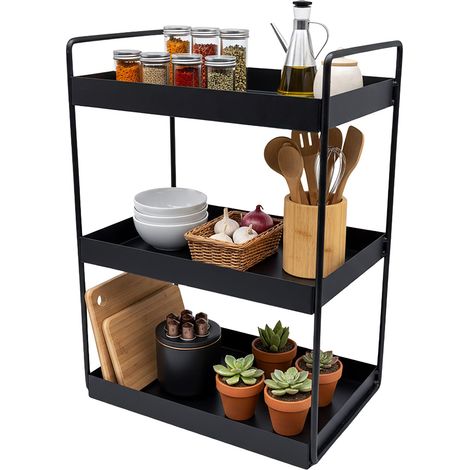 Scaffale per spezie Relaxdays, 3 ripiani, salvaspazio, organizer cucina, HLP: 44 x 26 x 18 cm, metallo, nero (1/5)
