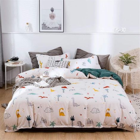 Literie 135x200 cm 3 pièces microfibre avec fermeture éclair, 2 taies d'oreiller 50x75 cm, motif dessin animé dinosaure
