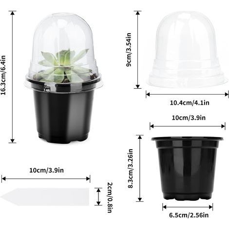 KINGLAKE 10CM Pot pour Semis, 12 Pieces Pot de Fleurs en Plastique, Godet de Culture Rempotage, avec Couvercle Transparent et 10X étiquettes de Plantes, Godet Repiquage Plantation - Noir (1/4)