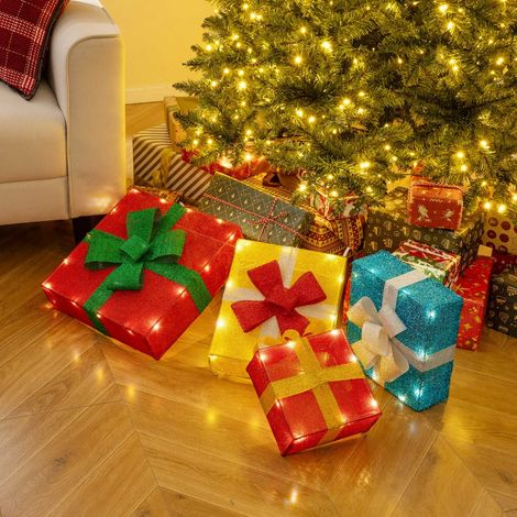 Boîtes-cadeaux Lumineuses pour Décoration de Noël Ensemble 2d de 4 Boîtes Empilées Pré-éclairées de 4 Pieds avec LED et Nœuds Multicolore (1/3)