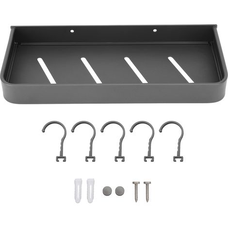 Étagère murale de douche en aluminium noir lisse, robuste et élégante, avec 5 crochets, idéale pour la cuisine et la buanderie (30 cm).