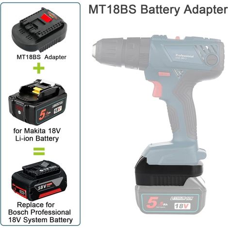 Adattatore MT18BS per batteria Makita 18V. Convertitore compatibile con il sistema Bosch Professional per batterie BL1850, BL1840, BL1830, BL1820, BL1815N. (1/4)