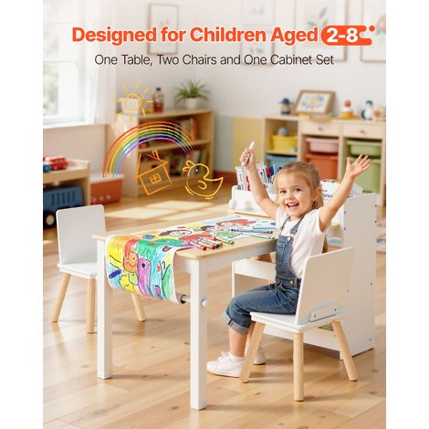 Ensemble table et chaises d'art pour enfants, avec armoire de rangement à 3 niveaux, table enfant avec 2 chaises, bureau d'activités en bois pour lire, apprendre, dessiner et écrire, blanc (1/5)