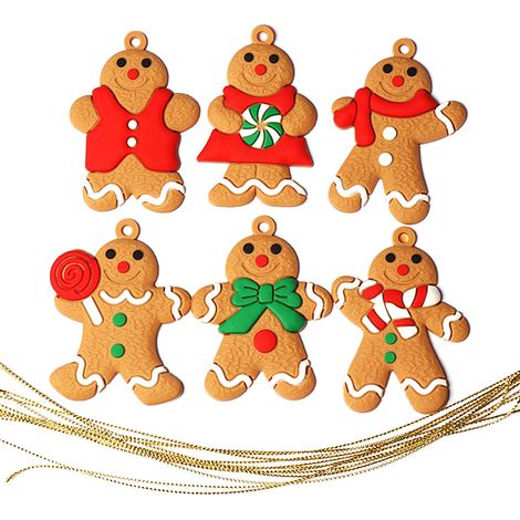 6 Poupées Bonhomme en Pain d'Épices Traditionnelles, Décorations de Noël pour Sapin, Ornements Suspendus, Lot de 6