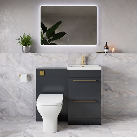 Napoli 390 Gloss Grey 1000mm 2 Drawer Vanity Unit Toilet Suite with Glide Basin - 1000mm - Brushed Brass 320mm HandleWith Kingston Toilet Pan and Seat