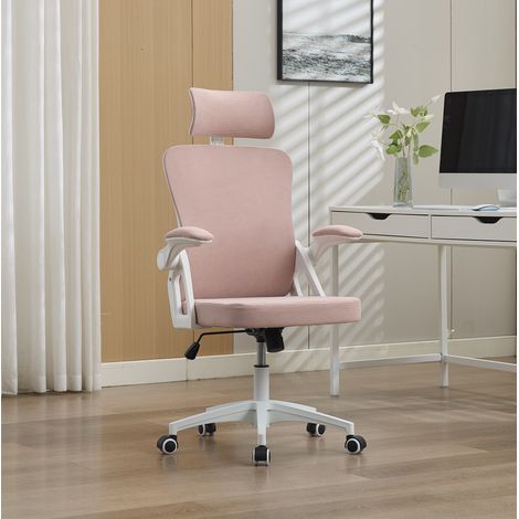 Silla de oficina ergonómica rosa tapizada con respaldo de malla, reposabrazos abatibles y altura ajustable (1/5)