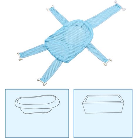 Siège de bain pour bébé à longueur réglable, support de douche, filet de bain style hamac, berceau pour bébé, bleu clair. (1/5)