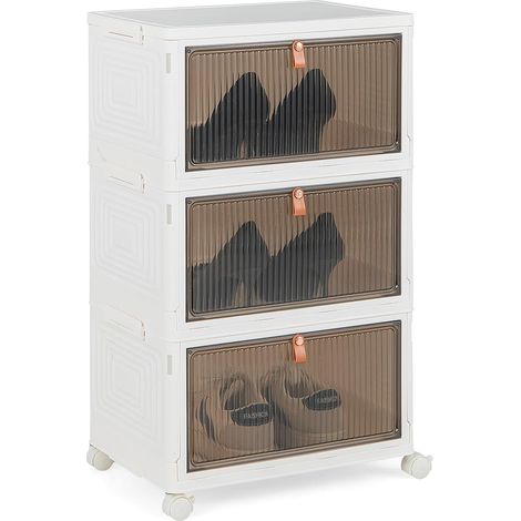 COSTWAY Cajas para Zapatos Plegable de 3 Niveles, Cajas Almacenaje Zapatos con Puertas Magnéticas Transparentes/Ruedas Universales Bloqueables, Caja Zapatero Plástica (1/5)