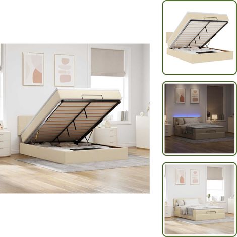 Ottomane Bett mit Matratze & LEDs Creme 140x200 cm Stoff - Ottoman-Bett - Ottoman-Betten - Bett Mit Stauraum - Polsterbett