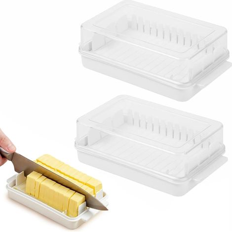 Tagliaburro 2 pezzi con coperchio, 16,5 x 9,5 cm, contiene 250 g di burro, coperchio trasparente, si adatta perfettamente al frigorifero, lavabile in lavastoviglie, tagliaformaggio, materiale PP, bian