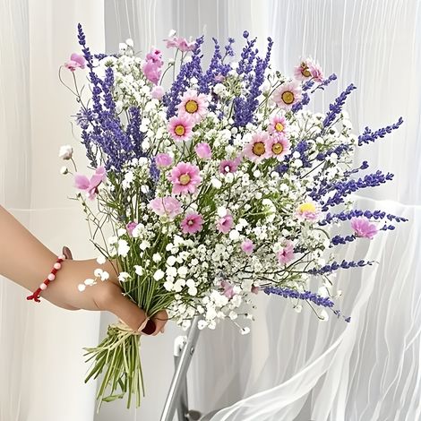 Bouquet de fleurs artificielles 65pcs, lavande, marguerites roses et gypsophile, réaliste bohème, pour mariage, décoration maison, sans entretien, style romantique