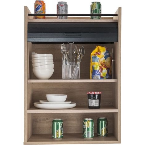 Beaux Meubles Pas Chers – Meuble de cuisine imitation chêne avec rideau noir ou blanc – 4 niches ouvertes – Dimensions 54 x 76.6 x 35.4 cm – Fixation murale incluse