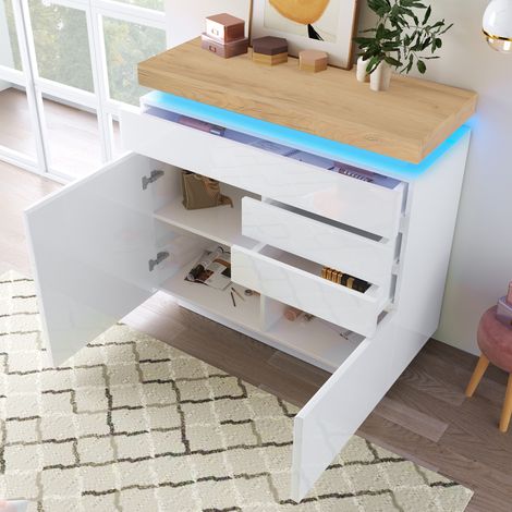 Cassettiere 115x110x39cm con 3 cassetti e 2 ante, credenza, mobile contenitore con LED, mobiletto multiuso, bianco (1/5)