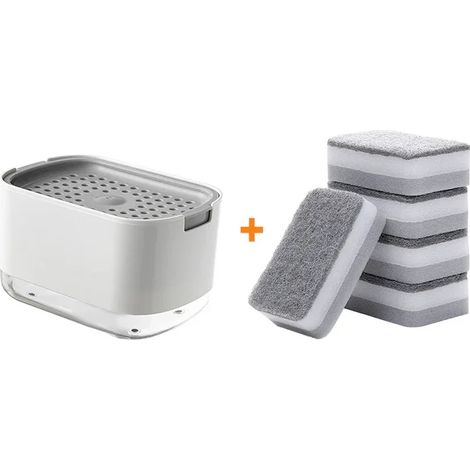 (5 éponges blanches) Distributeur de liquide vaisselle 2 en 1 avec pompe et porte-éponge pour la cuisine et la salle de bain. Accessoires de lavage pour la cuisine et la salle de bain. (1/5)