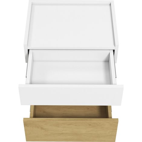 Mesita de noche moderna de dos niveles con 2 cajones, luz LED y carga inalámbrica, blanco y madera (1/5)