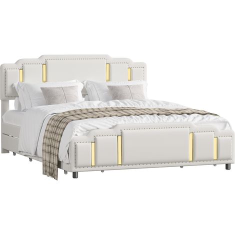 Cama 160 x 200 cm de terciopelo beige con cajones y detalles dorados, HOMVRA (1/5)