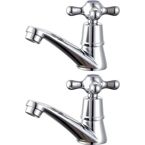 1 paire robinet pour lavabo, corps métal, finition argentée, commande à levier croisé, anti-fuite, pour salle de bain (1/4)