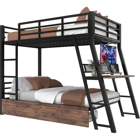 Letto A Soppalco 90 x 200 Cm Con Scrivania, 2 Cassetti, LED Regolabile E Sponda, Senza Materasso, In Metallo, Nero (1/5)