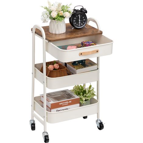 Chariot de Rangement Métal avec Tiroir Chariot de Service 3 Niveaux Desserte Chariots Cuisine Chariots de Service Roulant pour Chambre Salle de Bain Bureau, Blanc (1/5)