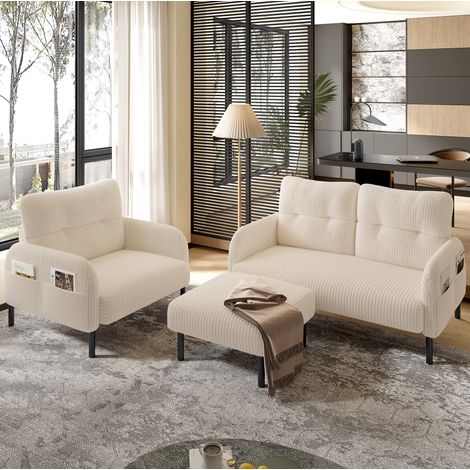 Set 3 pezzi divano 2 posti, poltrona e pouf in velluto a coste beige con tasca laterale (1/5)