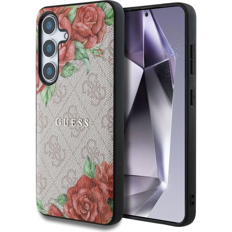 Funda Guess de cuero 4G con estampado floral, logotipo clásico metálico y MagSafe para Samsung Galaxy S25, color rosa. (1/5)