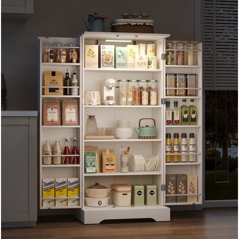 Küchenschrank 60x35x128 cm, mit LED Sensorleuchte, höhenverstellbaren Ablagen, aus PB und MDF, Weiß (1/5)