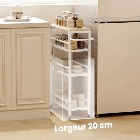 Desserte Cuisine 4 Niveaux Chêne Blanc 50x20x81cm avec Porte-Serviettes et 6 Crochets, Chariot de Service Roulant pour Espace Étroit (1/5)