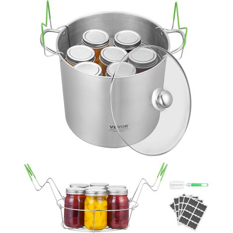 VEVOR Olla para Conservas con Rejilla y Tapa, Acero Inoxidable, con Doble Asa y Tapa de Vidrio, Compatible las Cocinas: Inducción, Gas, Electrica, Vidrio, Cerámica y Halógena, 352 x 355 x 362 mm