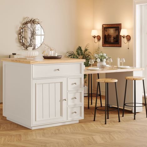 Îlot de cuisine extensible 120–184x70x97 cm sur roulettes avec tiroirs, plateau imitation bois, mobile multifonction, cuisine et bar, blanc (1/5)