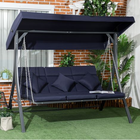 Sillón columpio jardín 3 plazas con toldo azul OKMYHOME (1/3)