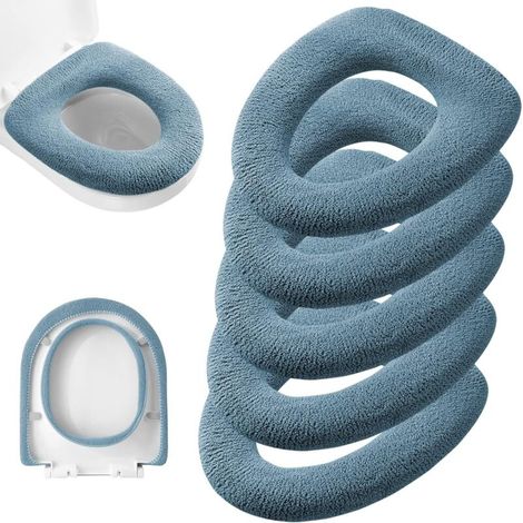 Lot de 5 housses de siège de toilette plus épaisses et chauffantes, en tissu fibre extensible et lavable, installation facile et housse confortable (tricot allongé bleu) (1/5)