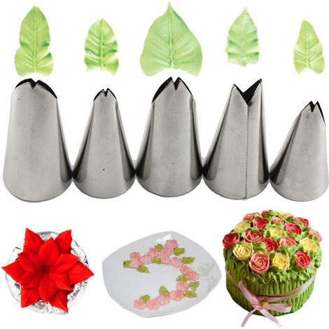 Ensemble de 5 douilles à pâtisserie en acier inoxydable en forme de feuille – Pour la décoration florale de gâteaux et de desserts