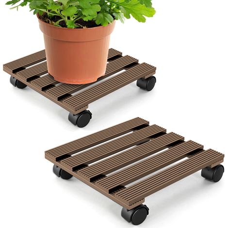 Wolketon 2X WPC Pflanzenroller 30cm, Blumenroller Tragkraft 80 KG, Rolluntersetzer mit Rollen, Kübelroller für Pflanzen, Blumentopf(Eckig, Braun)