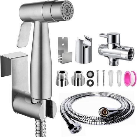 Ensemble de douchette de bidet, double fonction, en acier inoxydable brossé, avec valve en T G1/2\ (1/5)