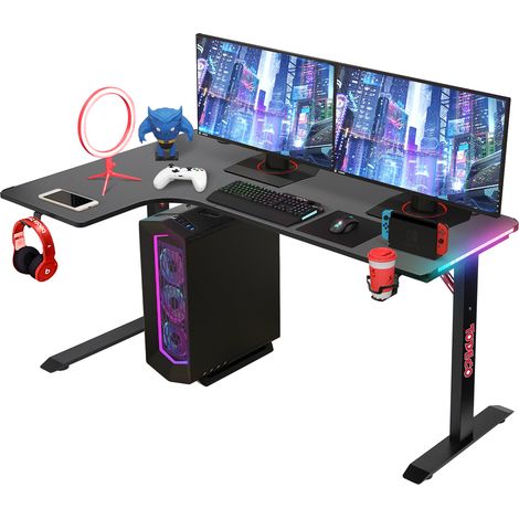 L-förmiger Gaming-Computertisch mit LED-Leuchten, Eckschreibtisch 140 x 100cm Gaming Schreibtisch, PC Tisch Gaming mit Kohlefaseroberfläche, mit Kopfhörerhaken Getränkehalter