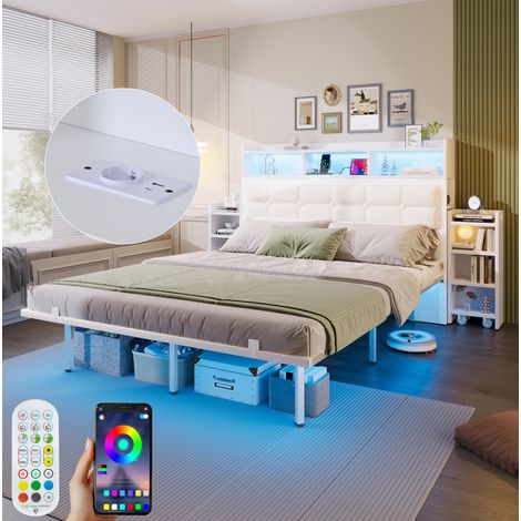 DESVIAE Lit double rembourré avec LED et tête de lit avec recharge USB USB C 140 x 190 cm avec 2 tables de chevet gigognes et sommier à lattes blanc métal (1/4)