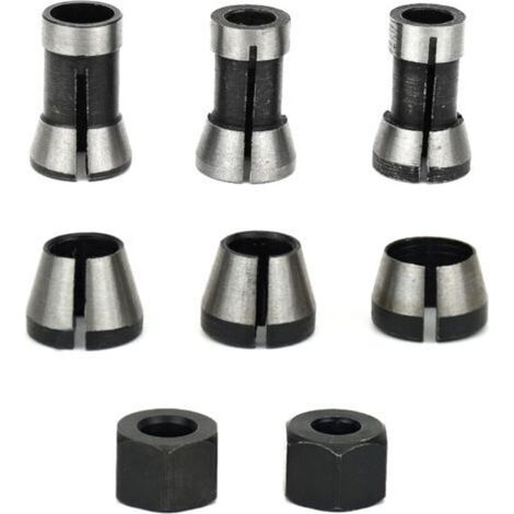 6Pcs Mandrin de Fraiseuse, 6 mm 6.35 mm 8 mm Collet Mandrin Affleureuse, Mandrin de Fraise à Bois, Pince de Serrage Defonceuse, Adaptateurs de Pince pour Machine à Graver +2 Écrous (1/5)